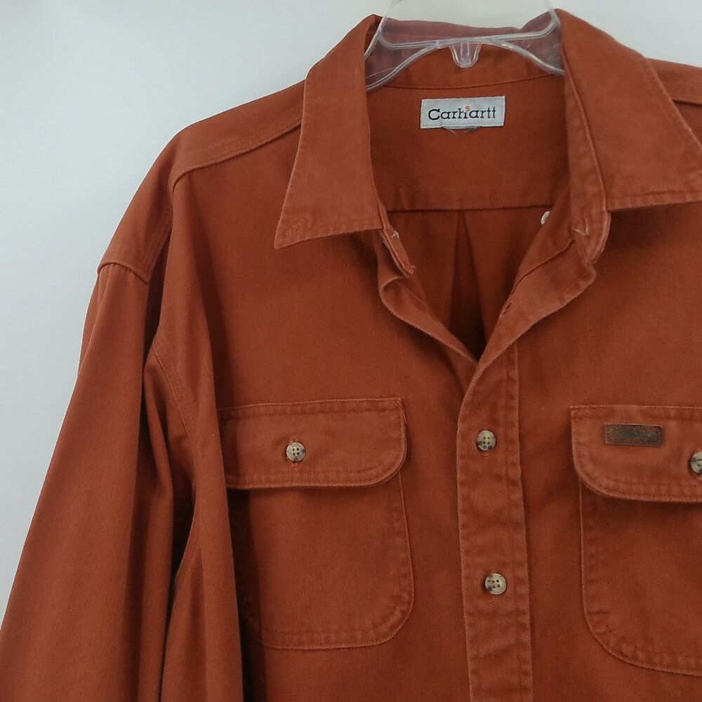 Vintage Carhartt Button Down Shirt Men's 2XL Rust Brown Long Sleeve Heavyweight - Picture 3 of 9